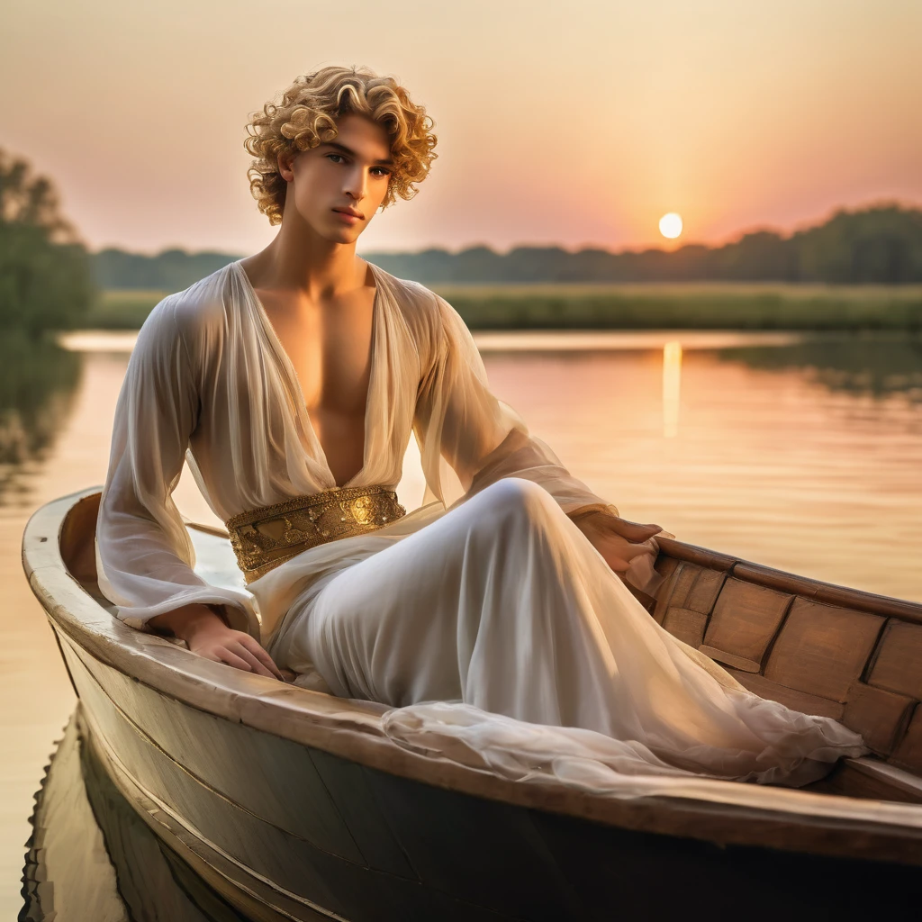 candid an full body photo of prince charming, 23 year old male supermodel, attractive and exotic, short curly blonde hair, a masculine appearance with slender smooth body, delicate and symmetrical face, natural olive skin tone, inspired by John William Waterhouse's The Lady of Shalott, pose in a graceful contrapposto stance, seated in a small boat, one hand trailing in the water, the other resting on his knee. he is wrapped in classical drapery sheer pastel color fabric, with flowing dramatically in the strong wind, some fabric to billow as if caught, The composition include mythological elements, such as a backdrop of a serene with a golden sunrise and nymphs to frame the scene. Illuminate the scene with soft diffused lighting to create a dreamlike, celestial atmosphere, capturing the delicate interplay of light and shadow on his face and body. ((full body shot)), wide-angle lens on a high-resolution DSLR camera to capture the grandeur and intricate details of the setting, while shooting from a dynamic angle to emphasize the model's majestic presence. The overall mood should blend the classical elegance of Botticelli's work with a modern, high-fashion aesthetic, producing an image that feels both timeless and contemporary, adding the Two Cherubs in the sense to balance and harmony the photo, evoke the soft ethereal quality of the Renaissance style, POV, raw photo, ((masterpiece)), ((best quality)), High Resolution, (ultra_realistic), (photorealistic), (NSFW), ((Pay attention to the layer and arrangement of body and surrounding)), ((Pay attention to the body composition)), ((Correct body structure)), ((Correct distance)), romantic atmosphere, lively extremely Gorgeous background,