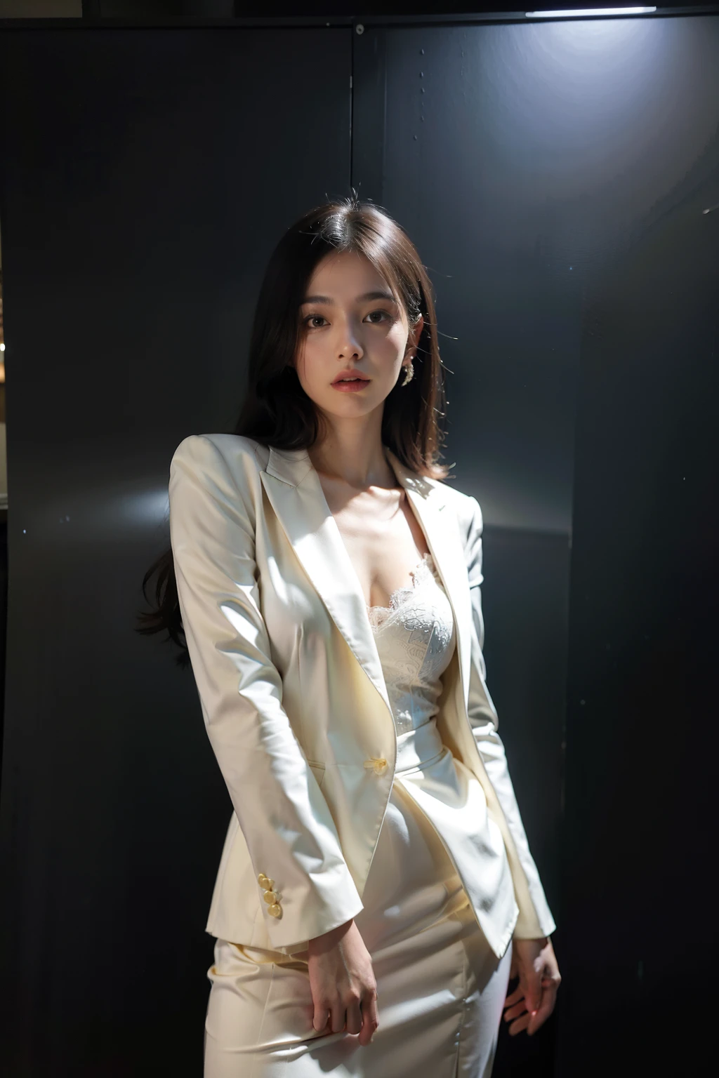 ((best quality)), ((masterpiece)), (detailed), 1 woman, (front focus), (in the dark:1.6), Surrealist female portraits by David Hockney and Alphonse Mucha, fantasy art, photo realistic, dynamic lighting, art station, poster, volumetric lighting, 매우 detailed 얼굴, 4 thousand, Awards, 1 woman, in the dark, deep shadows, low key, cowboy shot, (formal clothing:1.4), long hair, gray hair information
