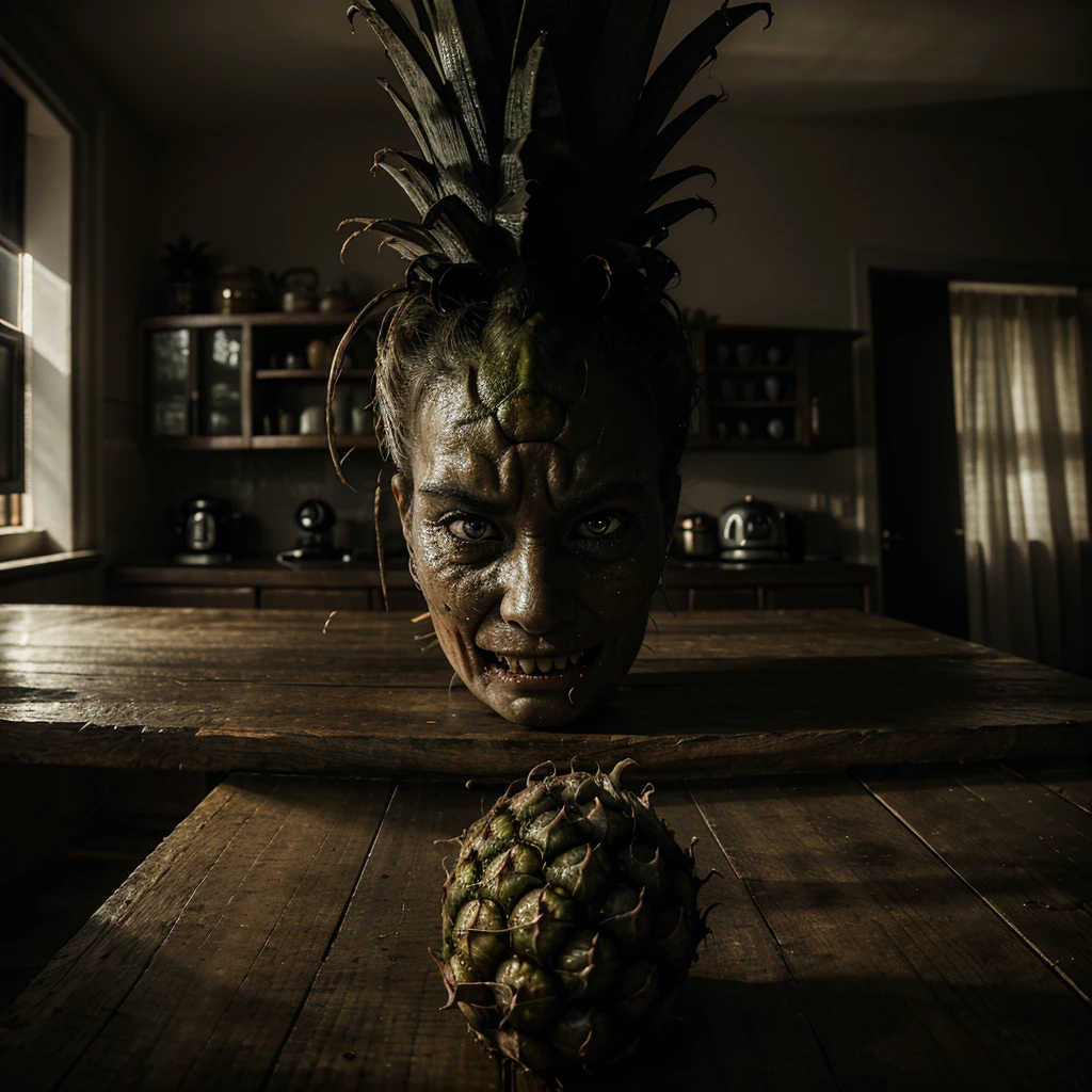 a terrifying pineapple with human eyes, sharp teeth, malevolent gaze, on a kitchen table, photorealistic, highly detailed, dark horror atmosphere, dramatic lighting, chiaroscuro effect