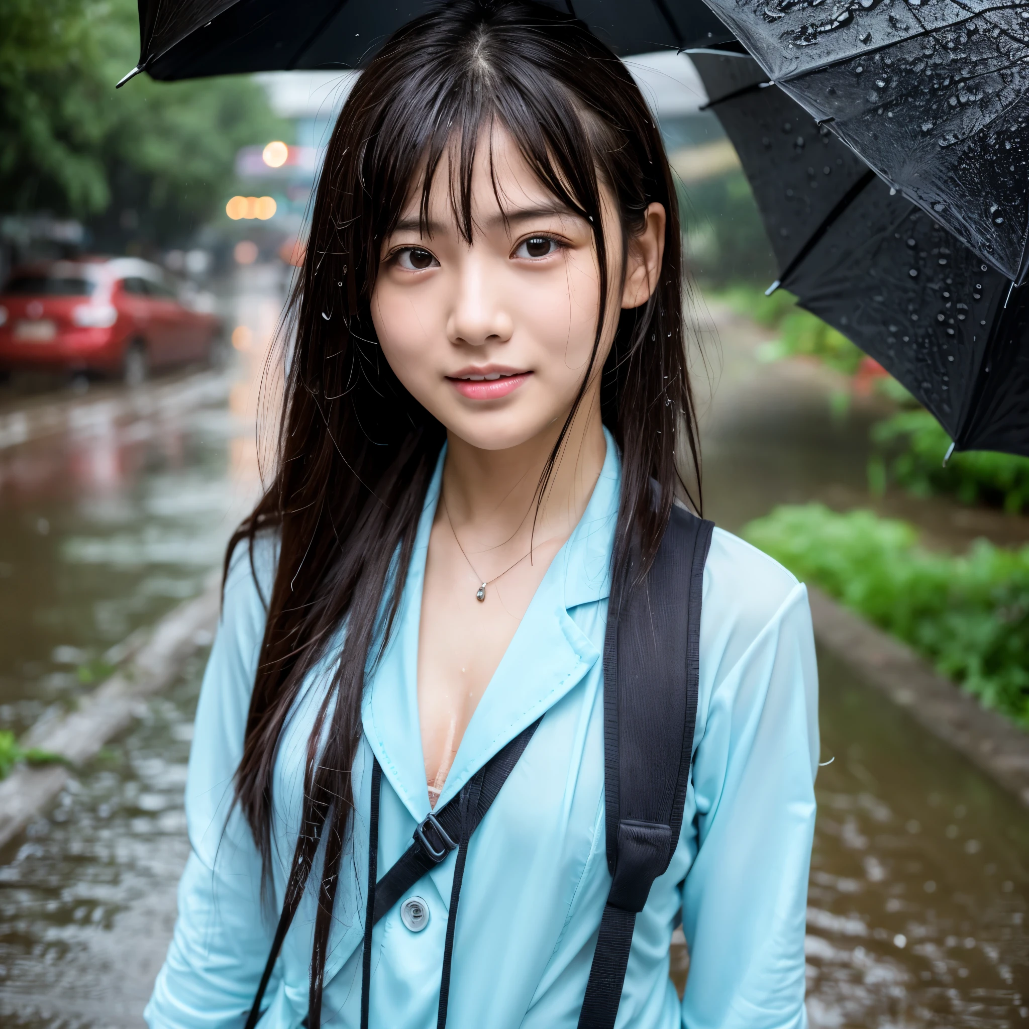 songkran,Wet roads , soaked through,drenched, Dripping, Wet Face,Wet clothes, Wet Skin, Wet Hair,A young woman with a cute face like an idol,chest,chest元が見えるデザインのメイド服,cling,RAW Photos,Genuine,Genuine,High resolution,RAW Photos,masterpiece, Genuineistic, beautiful