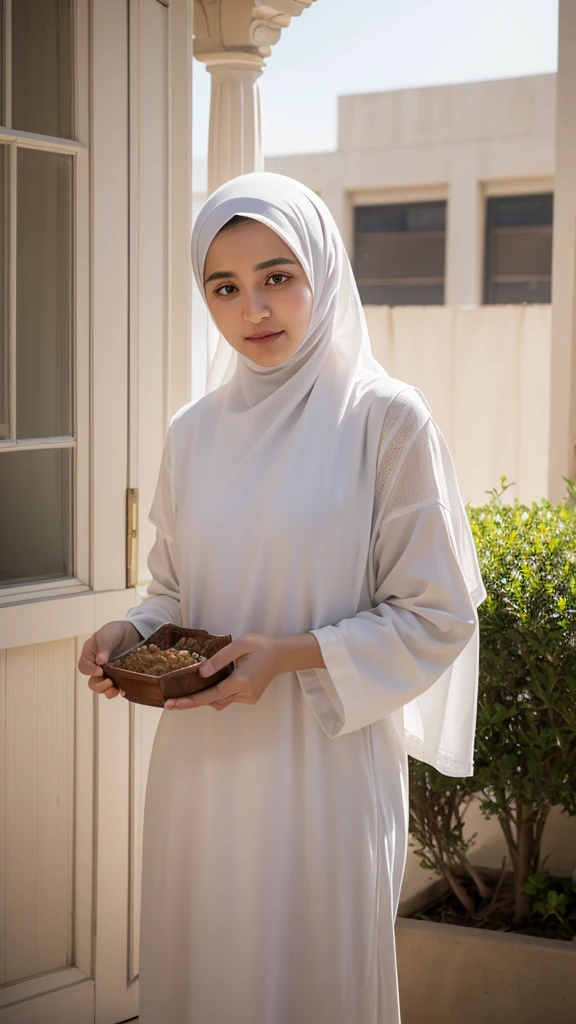 a Muslim woman who is doing good deeds, such as feeding the poor or helping others, with full sincerity and without seeking attention. His facial expression shows solemnity and calmness in carrying out these good deeds, without any signs of arrogance or seeking approval from others. The background can be a simple environment or serene nature, creating an atmosphere of simplicity and sincerity in the actions performed. Natural lighting or soft light can emphasize the sincerity and cleanliness of the individual's heart in carrying out good deeds without any riya' intentions. very real, high resolution, 8k resolution, intricate details