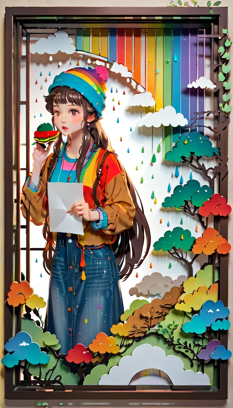 (((paper cutting style))), (frame of illustration is 3D paper cutting: 1.2), (colorful), 1 girl, brown long hair, curry long hair, knit cap, denim, shirts, rainbow, rain, unclear