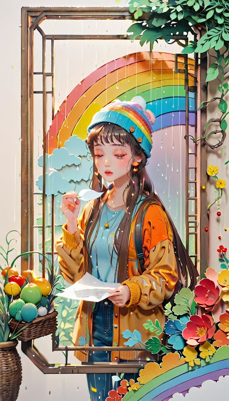 (((paper cutting style))), (frame of illustration is 3D paper cutting: 1.2), (colorful), 1 girl, brown long hair, curry long hair, knit cap, denim, shirts, rainbow, rain, unclear