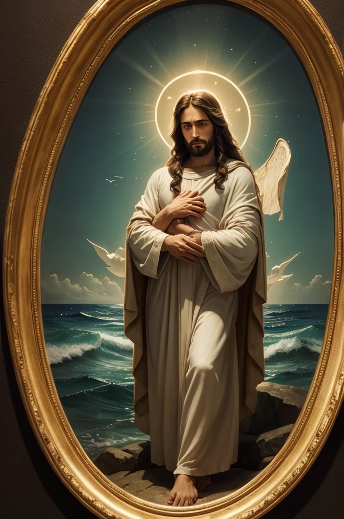 Jesus in perfect illumination, over the sea, with perfect image quality