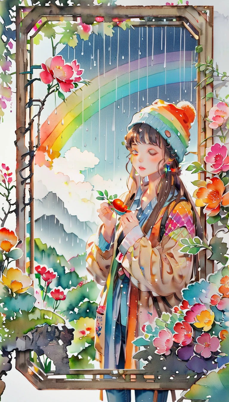 (((paper cutting style))), (frame of illustration is 3D paper cutting: 1.2), (colorful), 1 girl, brown long hair, curry long hair, knit cap, denim, shirts, rainbow, rain, unclear