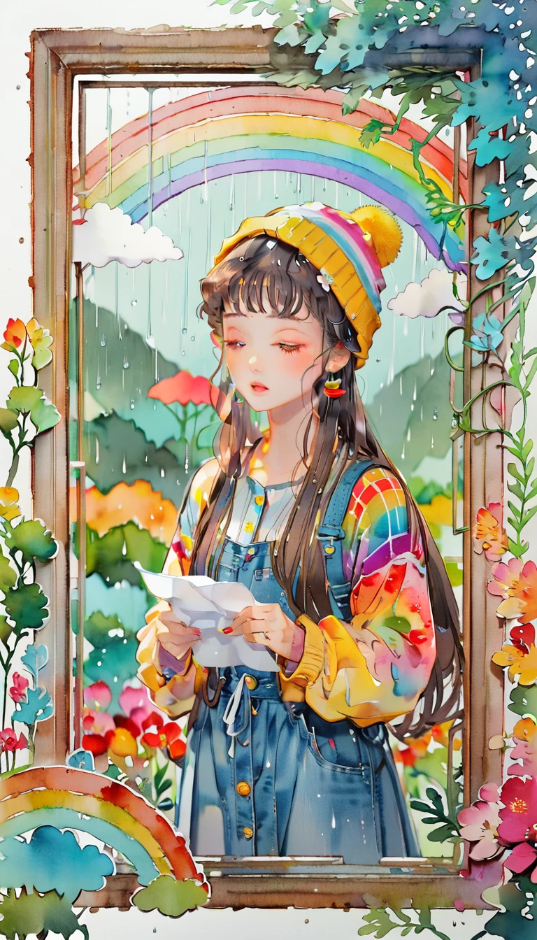 (((paper cutting style))), (frame of illustration is 3D paper cutting: 1.2), (colorful), 1 girl, brown long hair, curry long hair, knit cap, denim, shirts, rainbow, rain, unclear