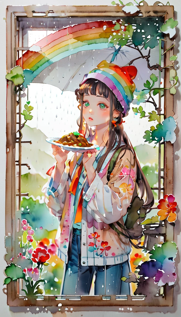 (((paper cutting style))), (frame of illustration is 3D paper cutting: 1.2), (colorful), 1 girl, brown long hair, curry long hair, knit cap, denim, shirts, rainbow, rain, unclear