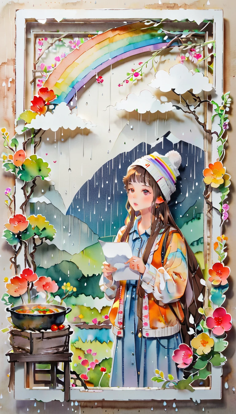 (((paper cutting style))), (frame of illustration is 3D paper cutting: 1.2), (colorful), 1 girl, brown long hair, curry long hair, knit cap, denim, shirts, rainbow, rain, unclear