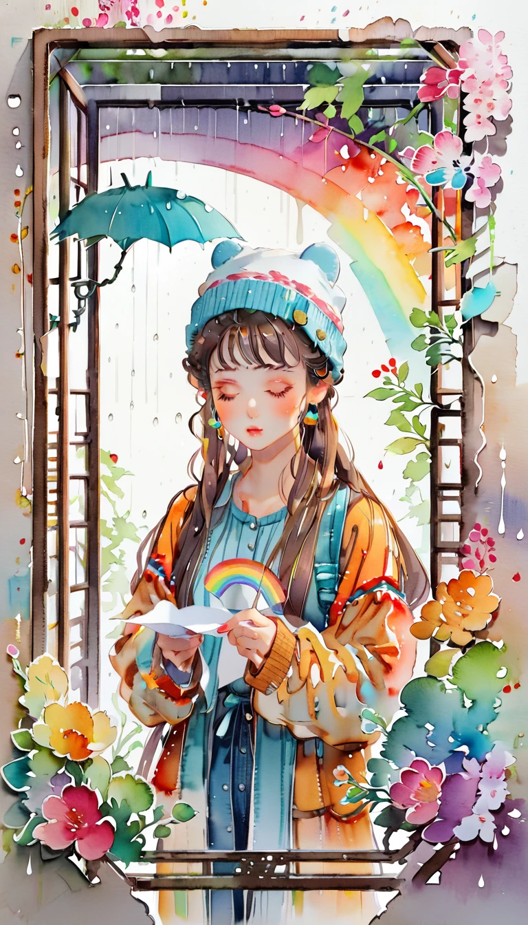 (((paper cutting style))), (frame of illustration is 3D paper cutting: 1.2), (colorful), 1 girl, brown long hair, curry long hair, knit cap, denim, shirts, rainbow, rain, unclear