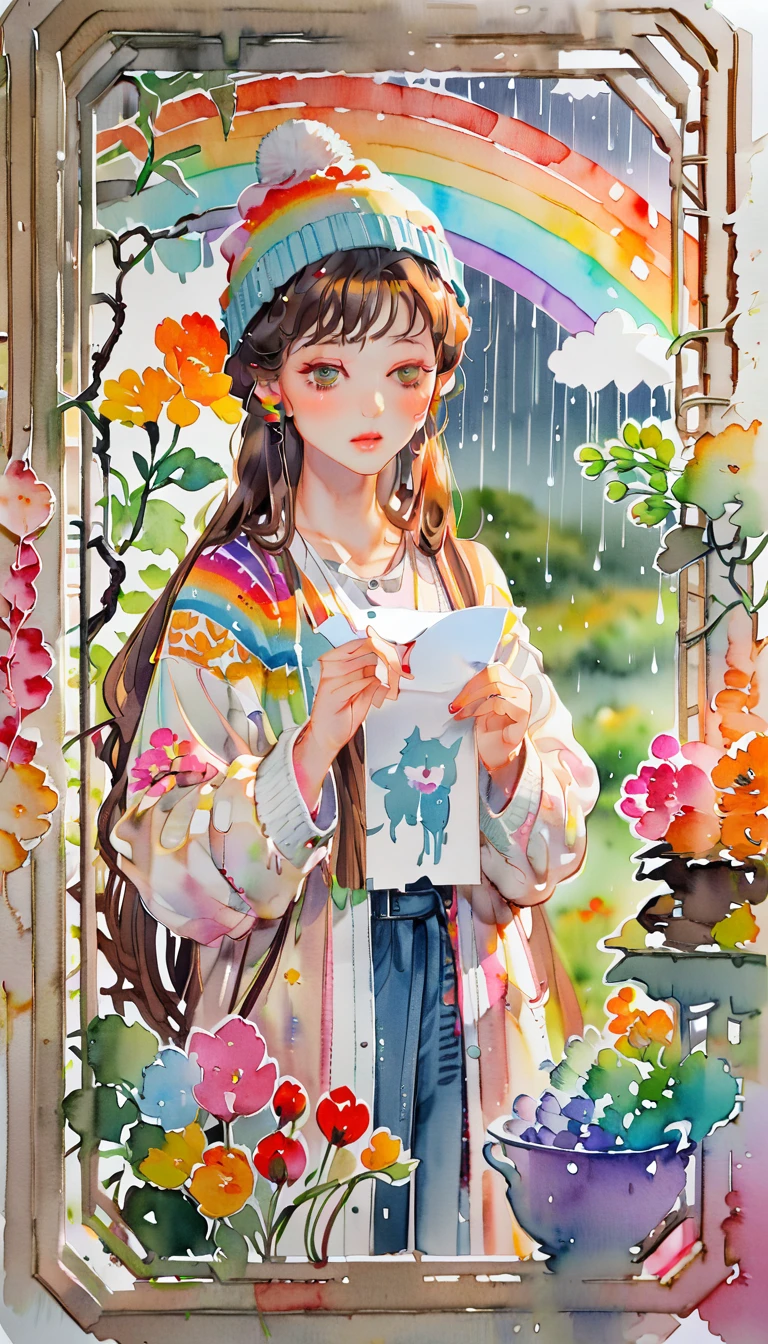 (((paper cutting style))), (frame of illustration is 3D paper cutting: 1.2), (colorful), 1 girl, brown long hair, curry long hair, knit cap, denim, shirts, rainbow, rain, unclear