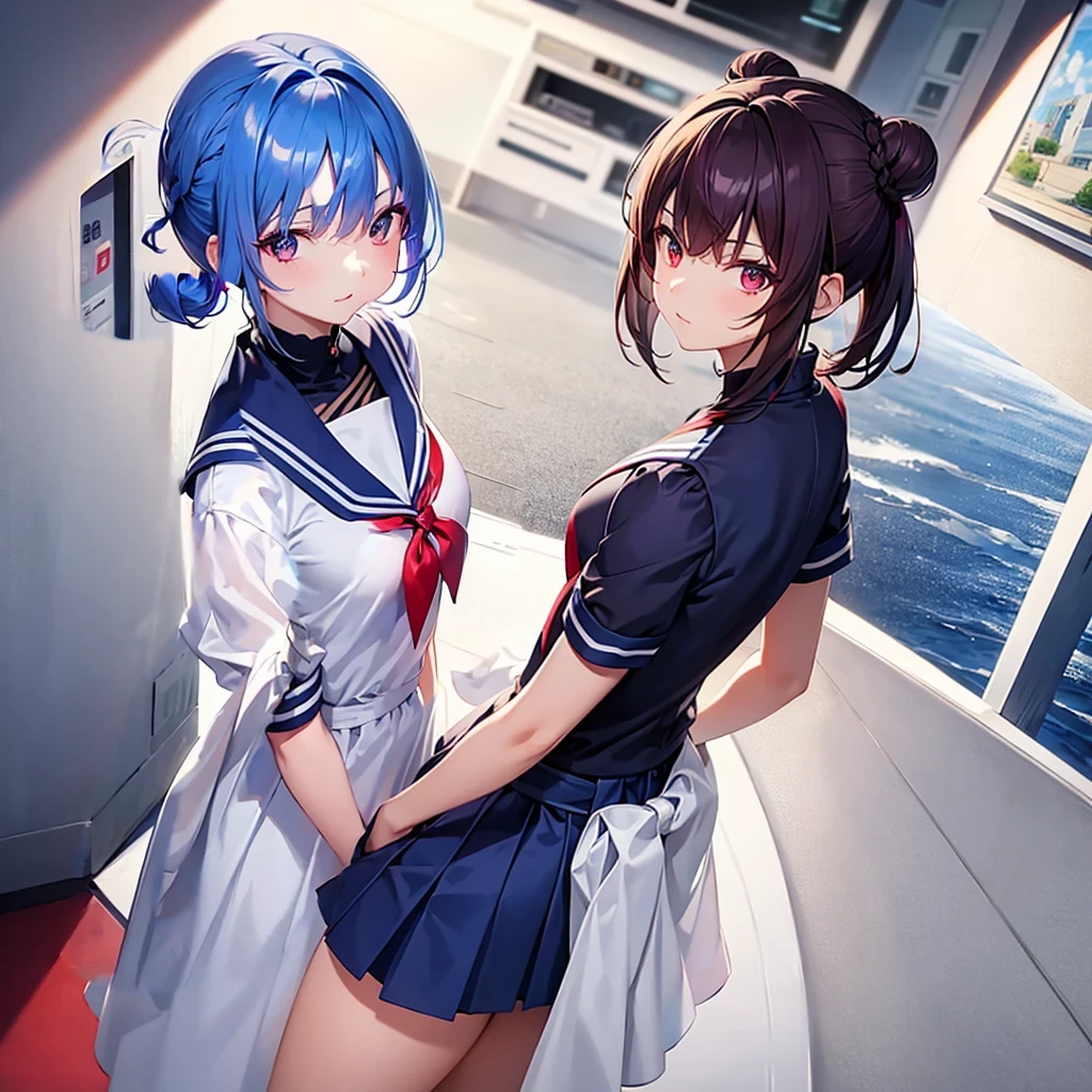 Bun hairstyle, short hair, inner color, blue, red eyes, girl, sailor suit
 
