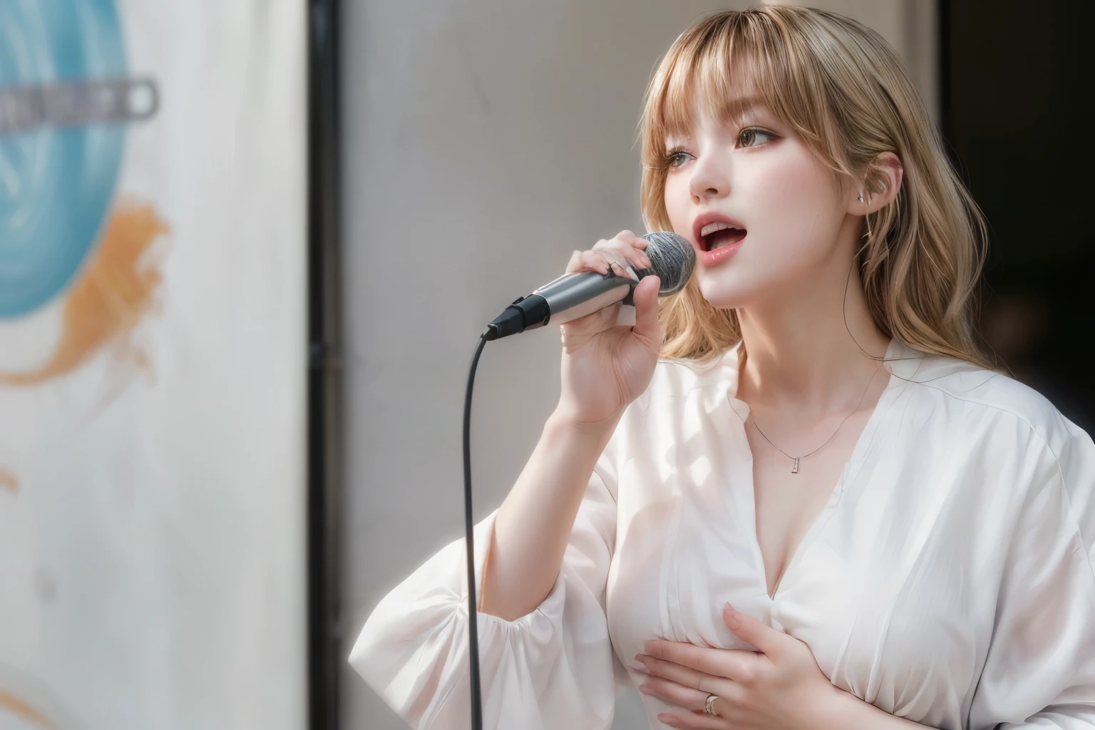 woman in white shirt Sing into the microphone with microphone stand, vocalist, Perform on stage, Live Performance, vocal, , Grab the microphone, Sing into the microphone, Sing for you, Holding a microphone,,,,,,,Svelte Body,Average Breasts,(Pale milky porcelain skin, Milky skin,, White skin like porcelain,Pure white skin,Smooth transparent white skin:1.0),Soft Portrait Shot 8k, , Photorealistic perfect body, Real young gravure idol, , Photorealistic Animation, ,,(8K, RAW Photos, Ultra-high resolution, highest quality, masterpiece:1.2), (Realistic illustrations), (Highly detailed CG Unity 8k wallpaper),