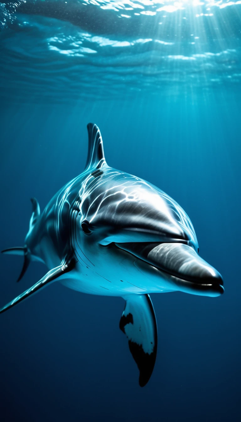 Swimming in the ocean、Dolphin in its purest form、2Dolphin on the head、Translucent movie stills (Dolphin as a cybernetic robot:1.5), (Glowing Veins:1.3) (The cable enters the body, circuit:1.3), Very detailed, Vignette, Very detailed, High budget, Bokeh, Sulky, amazing, nice, Film Grain, granular