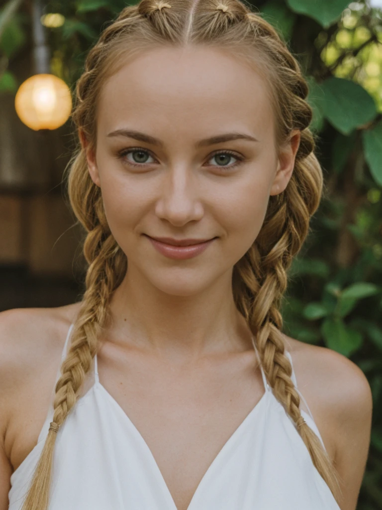 solo, realistic, photorealistic, natural lighting, (large forehead, (((Latvian woman))), (((Latvian nose))), (((Latvian eyes))), (((blonde))), (((braids))), (((Latvian face))), (((Latvian lips))), (((Latvian body))), (((fair complexion))) pose: standing, smiling, wearing Kimono Sleeve Dress, cleavage, , background: An eco-conscious nightclub on a city rooftop, featuring lush greenery, sustainable decor, and solar-powered lighting. The music lineup includes indie, lo-fi, and alternative artists, and the bar serves organic, locally-sourced cocktails. The vibe is chill and inclusive, perfect for Gen Z's environmentally aware and socially conscious ethos.