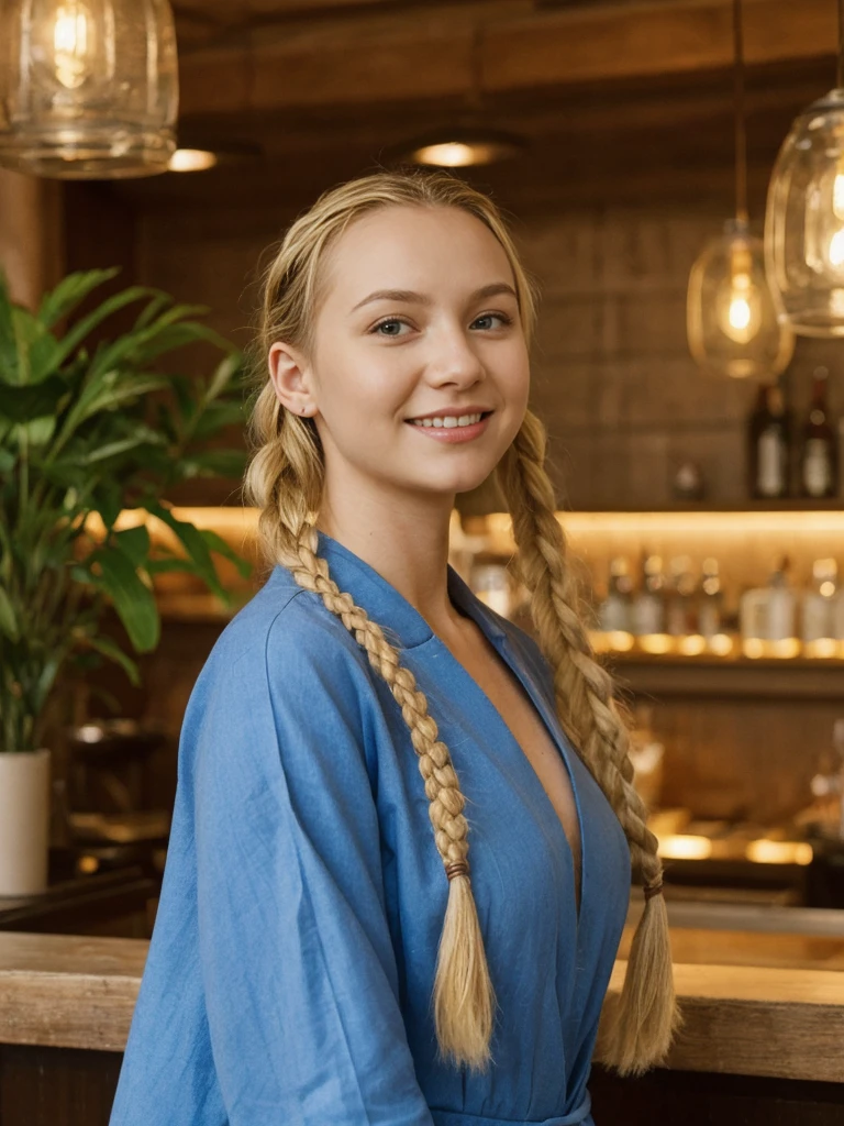 solo, realistic, photorealistic, natural lighting, (large forehead, (((Latvian woman))), (((Latvian nose))), (((Latvian eyes))), (((blonde))), (((braids))), (((Latvian face))), (((Latvian lips))), (((Latvian body))), (((fair complexion))) pose: standing, smiling, wearing Kimono Sleeve Dress, cleavage, , background: An eco-conscious nightclub on a city rooftop, featuring lush greenery, sustainable decor, and solar-powered lighting. The music lineup includes indie, lo-fi, and alternative artists, and the bar serves organic, locally-sourced cocktails. The vibe is chill and inclusive, perfect for Gen Z's environmentally aware and socially conscious ethos.