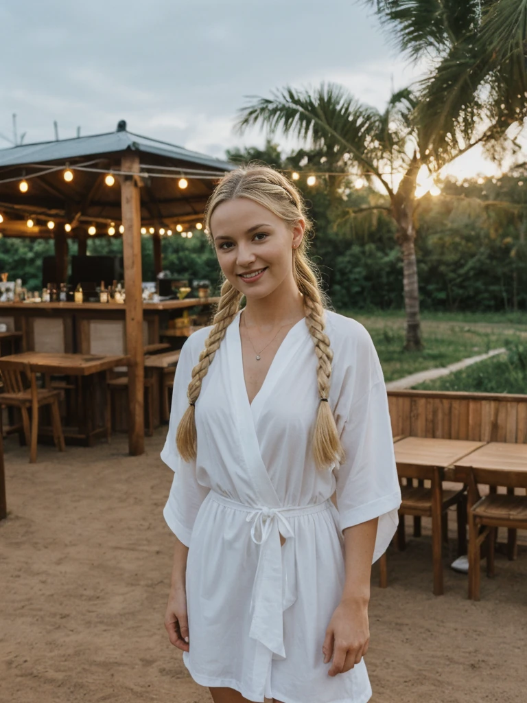 solo, realistic, photorealistic, natural lighting, (large forehead, (((Latvian woman))), (((Latvian nose))), (((Latvian eyes))), (((blonde))), (((braids))), (((Latvian face))), (((Latvian lips))), (((Latvian body))), (((fair complexion))) pose: standing, smiling, wearing Kimono Sleeve Dress, cleavage, , background: An eco-conscious nightclub on a city rooftop, featuring lush greenery, sustainable decor, and solar-powered lighting. The music lineup includes indie, lo-fi, and alternative artists, and the bar serves organic, locally-sourced cocktails. The vibe is chill and inclusive, perfect for Gen Z's environmentally aware and socially conscious ethos.