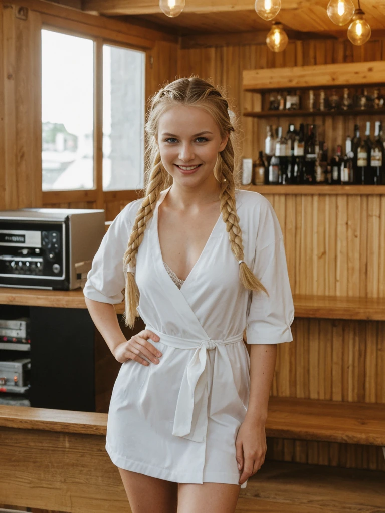 solo, realistic, photorealistic, natural lighting, (large forehead, (((Latvian woman))), (((Latvian nose))), (((Latvian eyes))), (((blonde))), (((braids))), (((Latvian face))), (((Latvian lips))), (((Latvian body))), (((fair complexion))) pose: standing, smiling, wearing Kimono Sleeve Dress, cleavage, , background: An eco-conscious nightclub on a city rooftop, featuring lush greenery, sustainable decor, and solar-powered lighting. The music lineup includes indie, lo-fi, and alternative artists, and the bar serves organic, locally-sourced cocktails. The vibe is chill and inclusive, perfect for Gen Z's environmentally aware and socially conscious ethos.