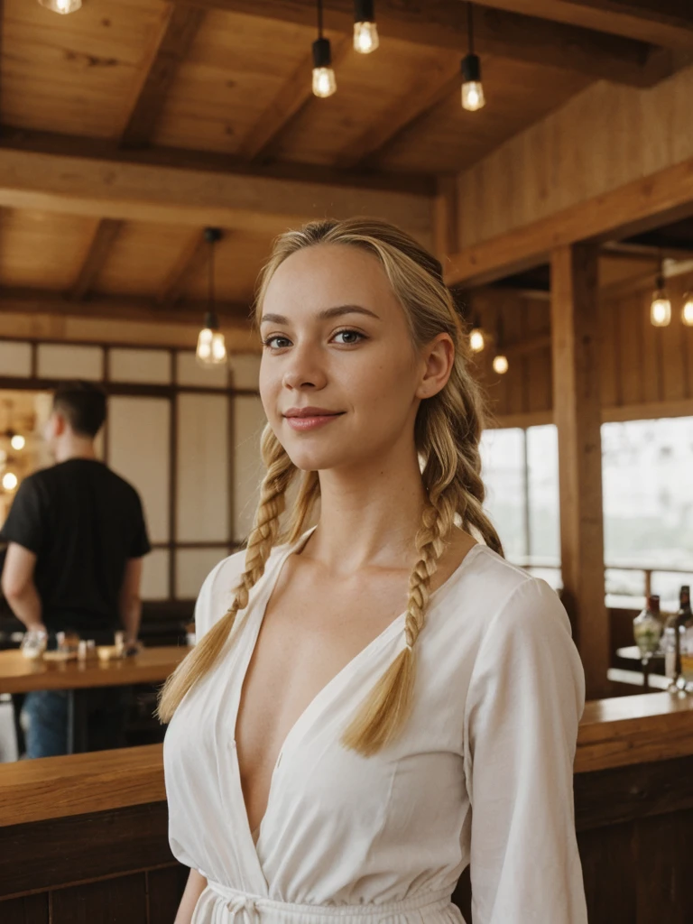 solo, realistic, photorealistic, natural lighting, (large forehead, (((Latvian woman))), (((Latvian nose))), (((Latvian eyes))), (((blonde))), (((braids))), (((Latvian face))), (((Latvian lips))), (((Latvian body))), (((fair complexion))) pose: standing, smiling, wearing Kimono Sleeve Dress, cleavage, , background: An eco-conscious nightclub on a city rooftop, featuring lush greenery, sustainable decor, and solar-powered lighting. The music lineup includes indie, lo-fi, and alternative artists, and the bar serves organic, locally-sourced cocktails. The vibe is chill and inclusive, perfect for Gen Z's environmentally aware and socially conscious ethos.