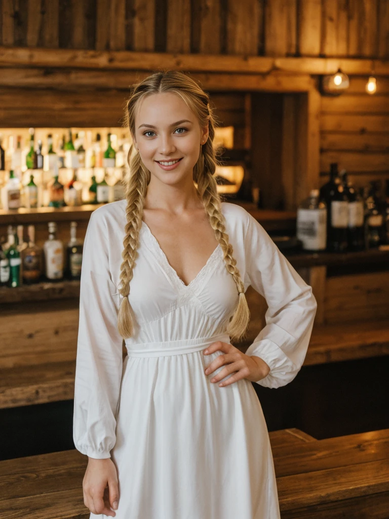 solo, realistic, photorealistic, natural lighting, (large forehead, (((Latvian woman))), (((Latvian nose))), (((Latvian eyes))), (((blonde))), (((braids))), (((Latvian face))), (((Latvian lips))), (((Latvian body))), (((fair complexion))) pose: standing, smiling, wearing Kimono Sleeve Dress, cleavage, , background: An eco-conscious nightclub on a city rooftop, featuring lush greenery, sustainable decor, and solar-powered lighting. The music lineup includes indie, lo-fi, and alternative artists, and the bar serves organic, locally-sourced cocktails. The vibe is chill and inclusive, perfect for Gen Z's environmentally aware and socially conscious ethos.