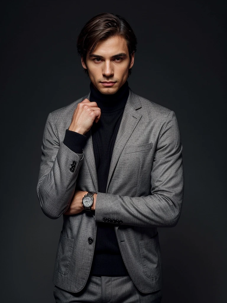 A sophisticated man, wearing a slim-fit grey jacket over a dark sweater, and a luxury wristwatch. He is positioned against a minimalist background with a soft gradient, providing ample space for text. His posture is relaxed but confident, with one hand touching his chin thoughtfully. His expression is contemplative and assured. The image should convey elegance, confidence, and style.