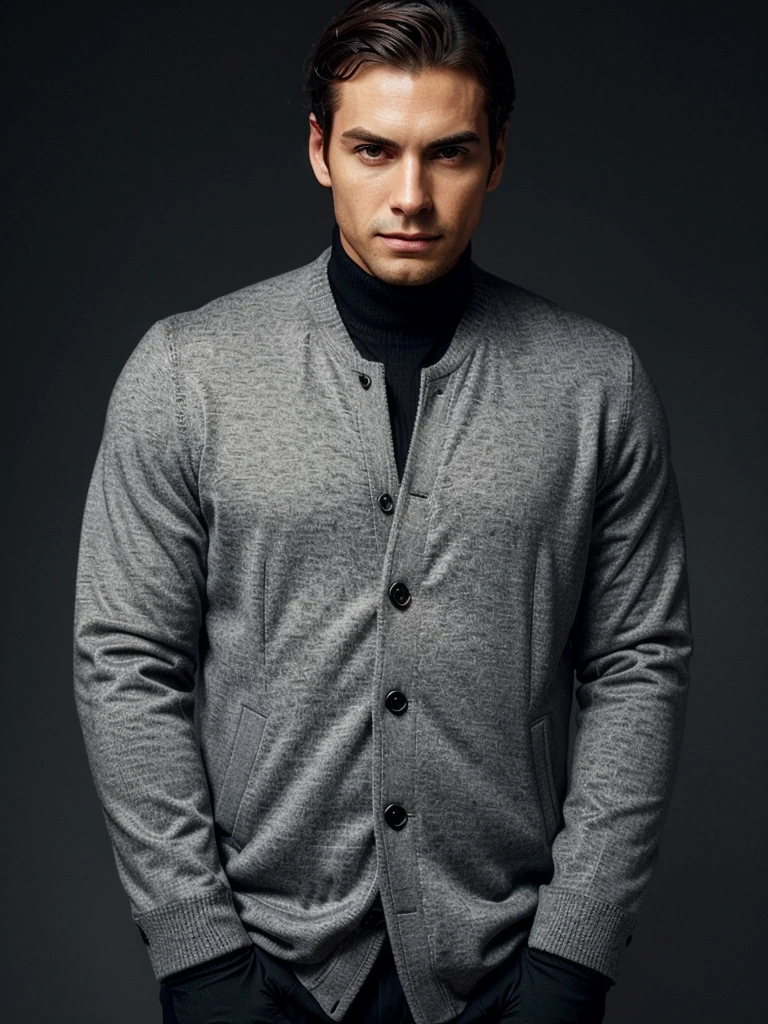 A sophisticated man, wearing a slim-fit grey jacket over a dark sweater, and a luxury wristwatch. He is positioned against a minimalist background with a soft gradient, providing ample space for text. His posture is relaxed but confident, with one hand touching his chin thoughtfully. His expression is contemplative and assured. The image should convey elegance, confidence, and style.