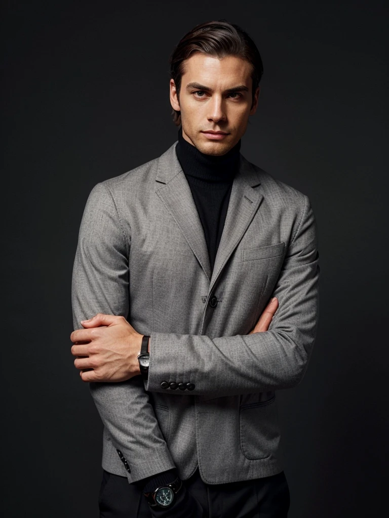 A sophisticated man, wearing a slim-fit grey jacket over a dark sweater, and a luxury wristwatch. He is positioned against a minimalist background with a soft gradient, providing ample space for text. His posture is relaxed but confident, with one hand touching his chin thoughtfully. His expression is contemplative and assured. The image should convey elegance, confidence, and style.