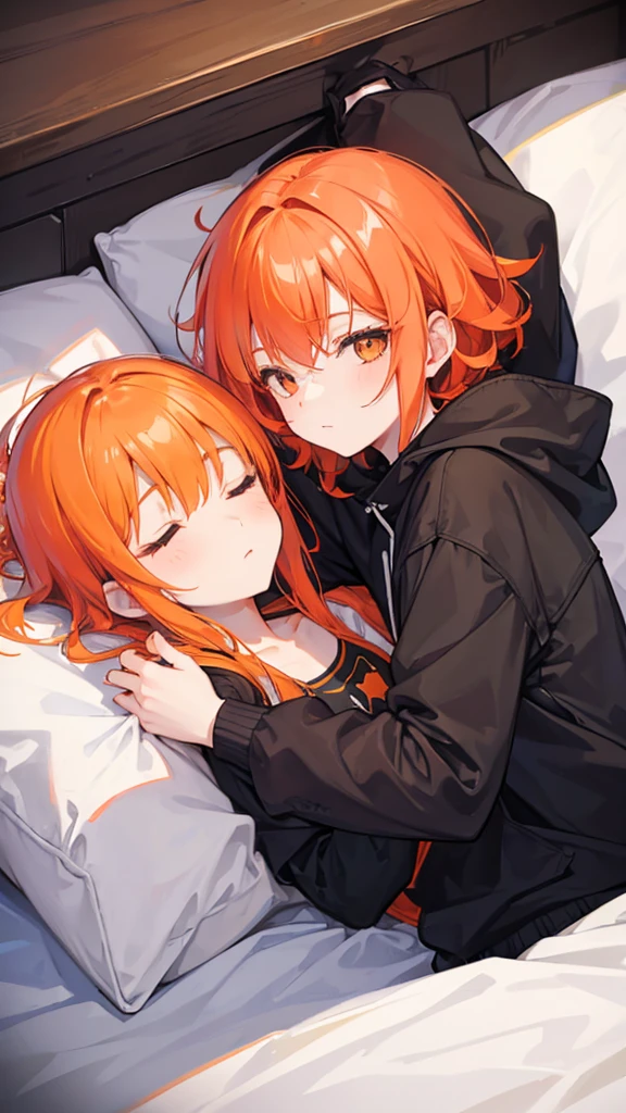 Short light orange hair,With short ponytail,Crimson eyes,Apply eye shadow,Cross bangs,Wearing sailor school uniform,short skirt,black,Excellent figure,,Tie a bow on the chest,innocent toothy smile,Lying on the bed in the school infirmary,Looking a little weak
