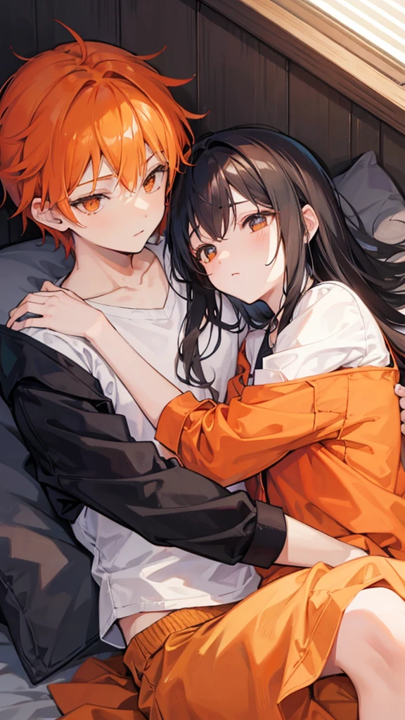 Boy with orange hair sleeping with a girl with long black hair