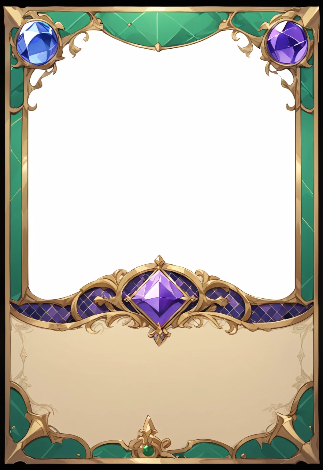 A card border UI,Medieval European aristocracy design,Noble and elegant dark style,There is a lavender ribbon in the middle with the card name.,There is a ruby under the bezel,There are sapphires on the left and right corners.。Redwood frame,Parchment backing,There are blood stains on it。Deep Red、Emerald Green、Gold main tone。