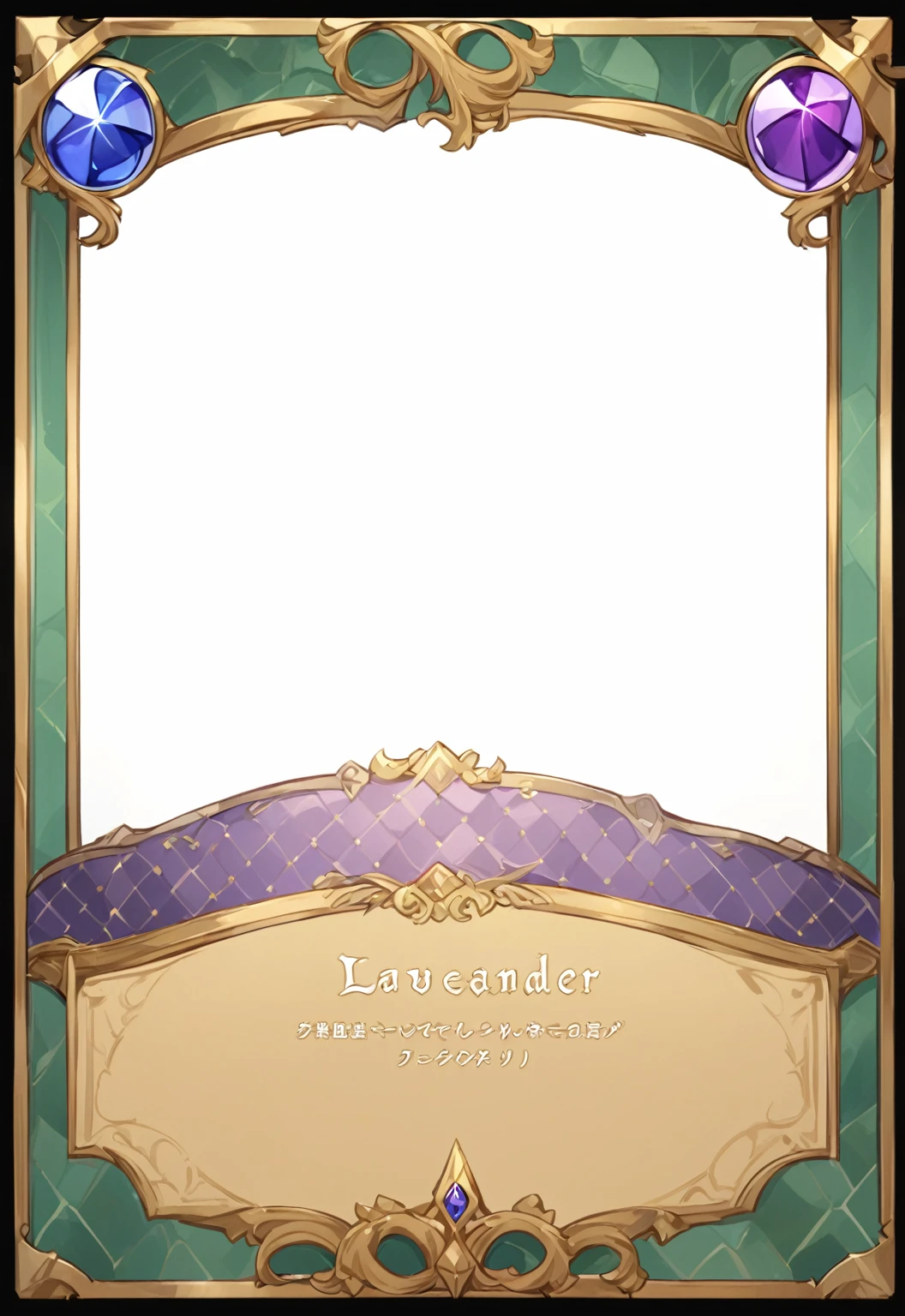 A card border UI，Medieval European aristocracy design，Noble and elegant dark style，There is a lavender ribbon in the middle with the card name.，There is a ruby under the bezel，There are sapphires on the left and right corners.。Redwood frame，Parchment backing，There are blood stains on it。Deep Red、Emerald Green、Gold main tone。