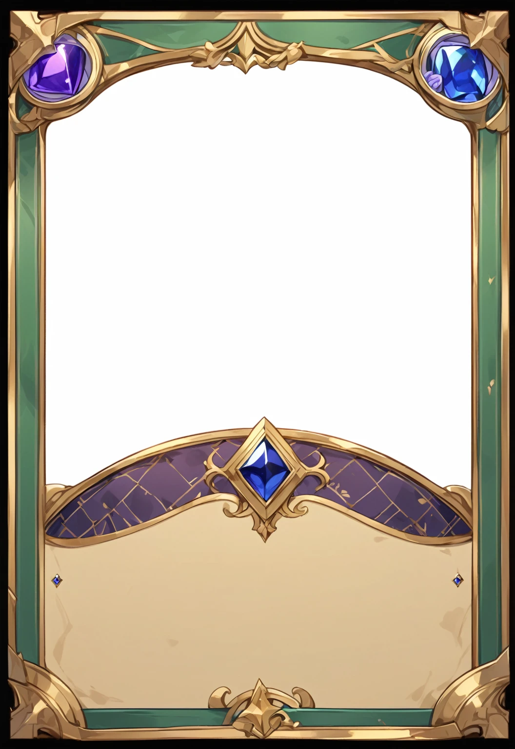 A card border UI,Medieval European aristocracy design,Noble and elegant dark style,There is a lavender ribbon in the middle with the card name.,There is a ruby under the bezel,There are sapphires on the left and right corners.。Redwood frame,Parchment backing,There are blood stains on it。Deep Red、Emerald Green、Gold main tone。