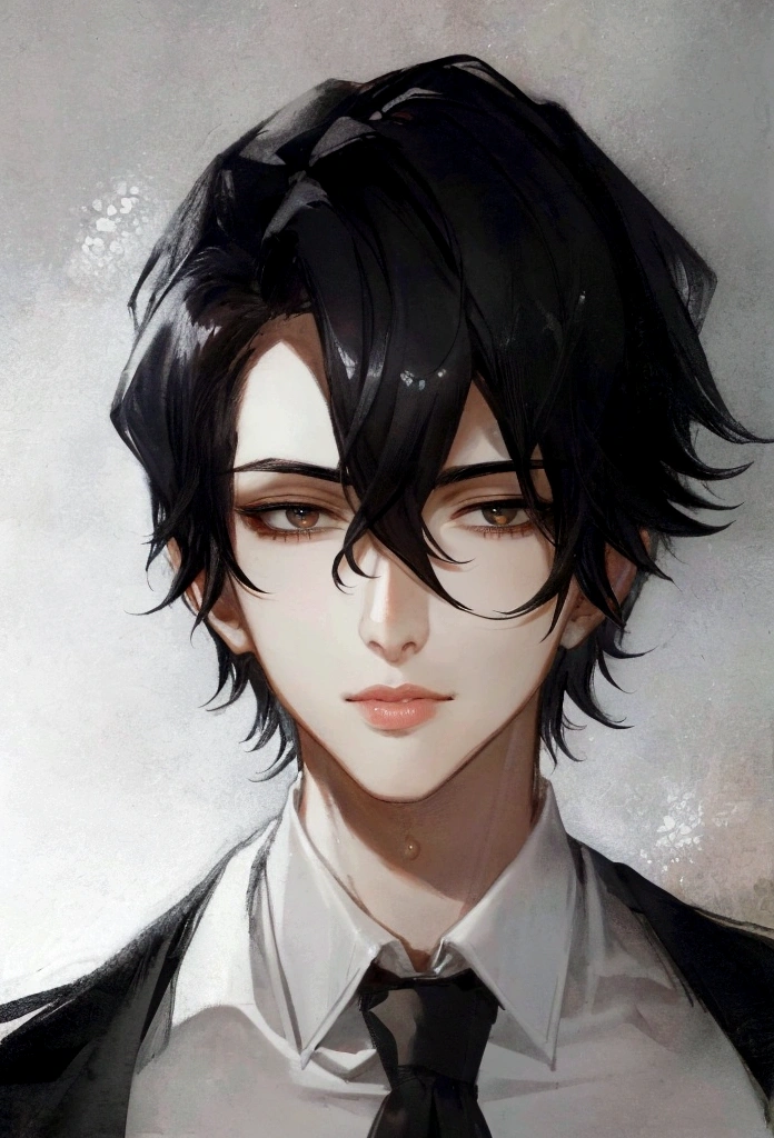 1 man, portrait, Beautiful handsome, alone, lips, male focus, random color, looking at the viewer, short hair, black gentle expression, suit,black hair