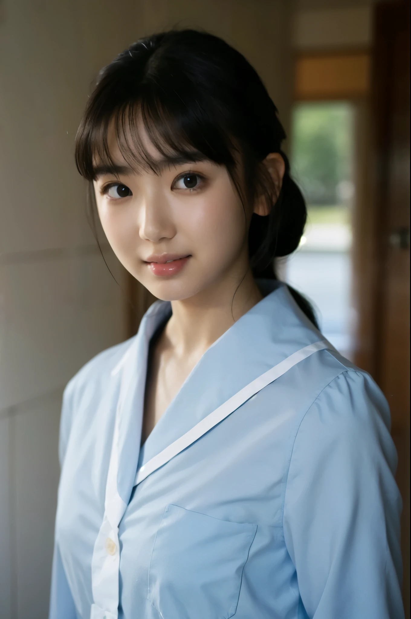 a photo portrait of aika-sawaguchi , SFW, Upper Body, Collared shirt, A gentle smile