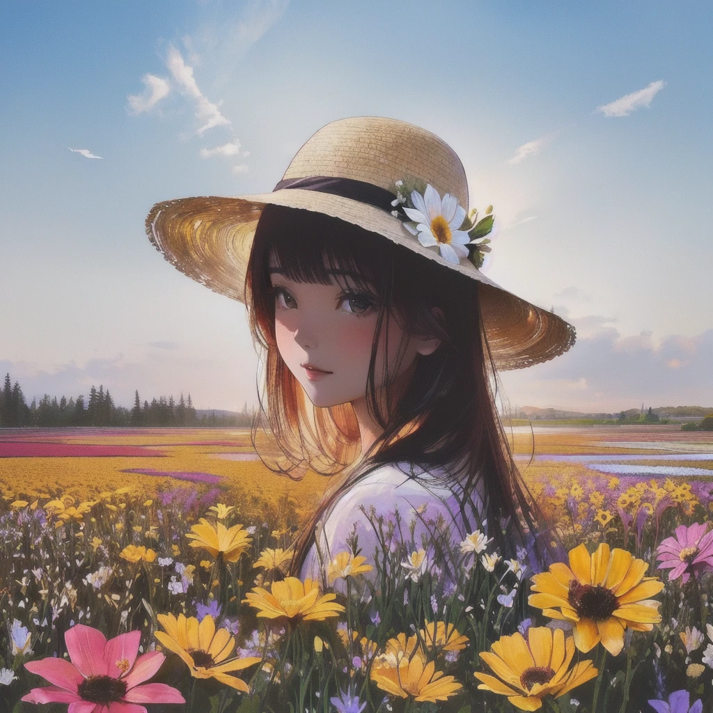 double exposure、there is a woman in a hat standing In the flower field, Straw hat beauty、Girl in the flower garden, woman in flowers, In the flower field, a girl floating in a flower field, Girl in Flowers, Portrait of Karan, Girl standing in a flower field, 