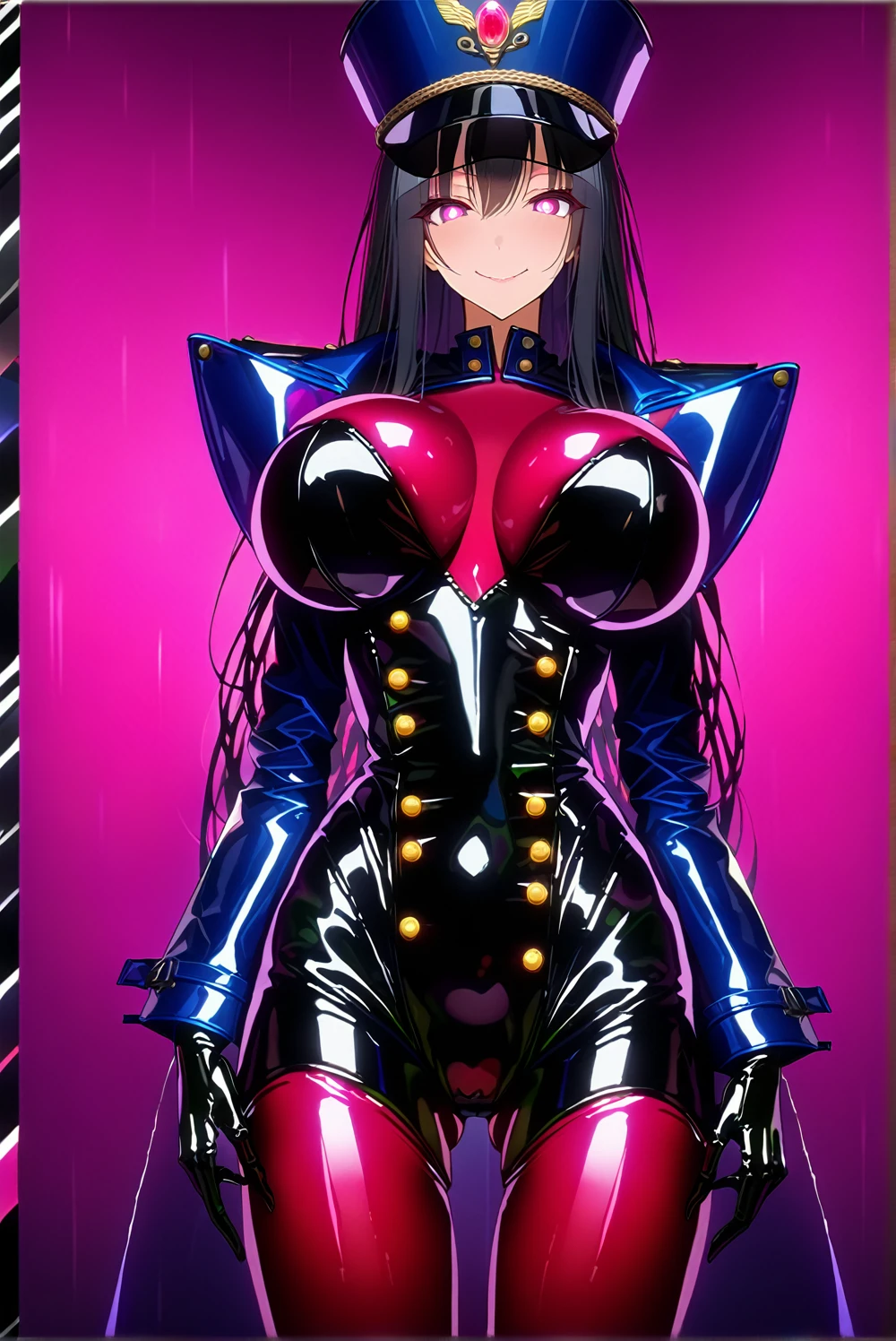 masterpiece, best quality, 1girl,black hair,long hair,glowing eyes, (finely detailed empty pupils and detailed face),,bust shot,,extremely detailed picture unity 8k wallpaper,solo,(latex military costume:0.9),large breasts,seductive smile,military hat,latex thighhigh,large breasts,black hair,pink eyes,black leotard,pantyhose,military coat,enamel suits,grossy lips,
