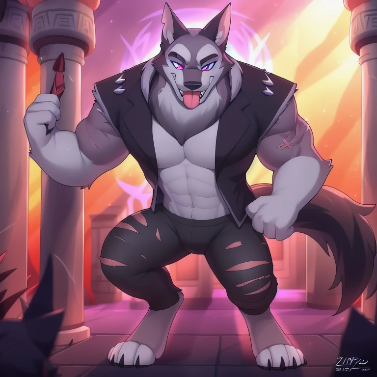 by zinfyu, detailed background, vortex \(helluva boss\), hellhound, grey body, grey fur, vortexgoetia, male, solo, absurd res, digitigrade, scar, vortexdrip, tribal clothes, hypnotized with completely spyral glowing purple eyes with no irises or pupils, tongue out, temple background