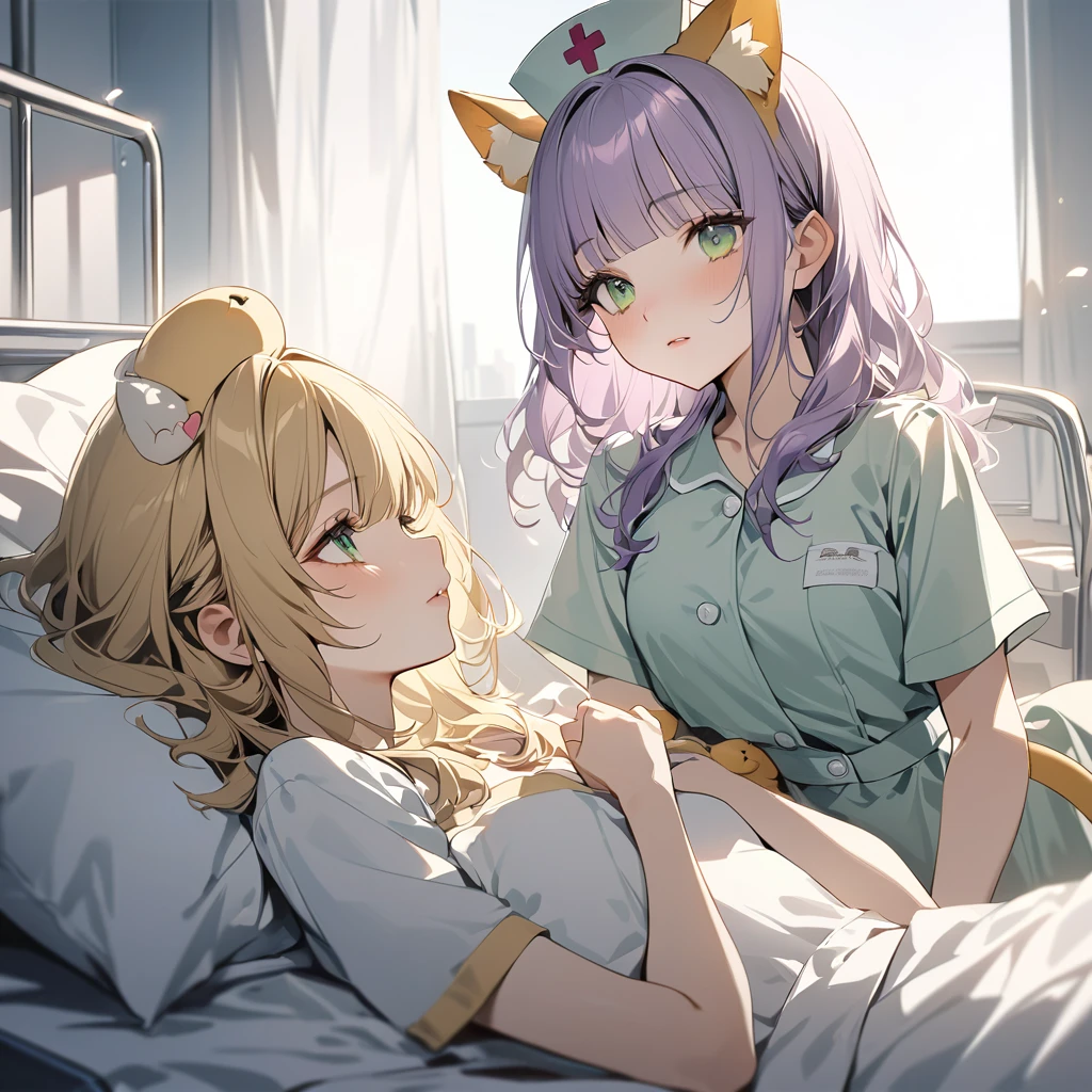 (Cute 2 girls:1.5), (masterpiece:1.3), anime visual, (one Girl lying in hospital bed, pale purple hair, blunt bangs, green eyes,pajamas,:1.3 ), (other girl: Nurse hat with yellow cat ears, yellow nurse uniform, short blonde hair, golden eyes, holding a big syringe:1.3),(Lovey-dovey:1.5), (tilt head:1.3), extremely delicate face, soft clean focus, realistic lighting and shading, (an extremely delicate and beautiful art:1.3), elegant, (muted colors:1.1),