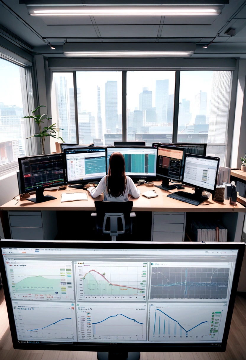 Generate a realistic image of modern stock trading. The office is bright with natural light coming in through large windows.. Employees are sitting at desks, If you look closely at a computer screen displaying a detailed and clear forex chart,. The office layout is neat and professional, Ergonomic furniture and elegant design. On-screen forex charts are vivid and easy to read, View real-time market data. The overall atmosphere is intense and dynamic., Capture the intensity of negotiations. The scene must be detailed and clear, Avoid distortion and blurry elements. The person in the image is、It's actually balanced、Must be clearly defined, No deformation or silhouette. Office technology and facilities must be accurately represented, Authenticity and attention to detail.