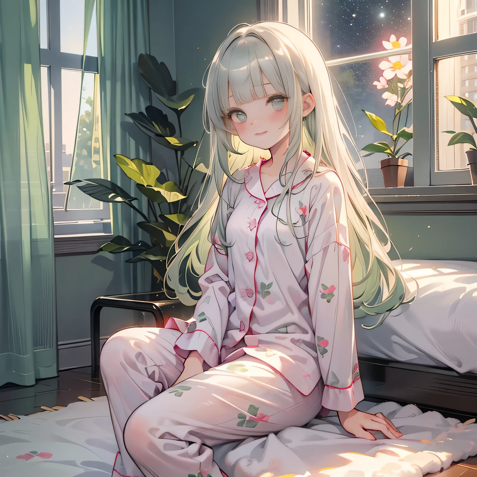 ♥full body,(floral cute pajamas),((1girl,cute,little ,semi long beautiful silver green hair,blunt bangs,beautiful eyes)),beautiful pastel house room,flat sitting on the carpet,curtain,window,night starry sky,
(solo),(looking at the viewer), innocent smile,cinematic lighting and pause,
