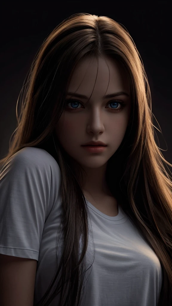 Best quality, masterpiece, ultra high res, (photorealistic:1.37), raw photo, 1girl, long hair, beautifull eyes, beautifull face, detailed eyes and face, t-shirt, dynamic lighting, in the dark, deep shadow, low key, cowboy shot