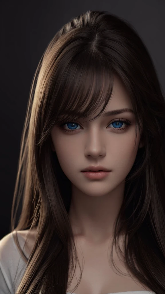 Best quality, masterpiece, ultra high res, (photorealistic:1.37), raw photo, 1girl, long hair, beautifull eyes,  beautifull face, detailed eyes and face, t-shirt, dynamic lighting, in the dark, deep shadow, low key, cowboy shot