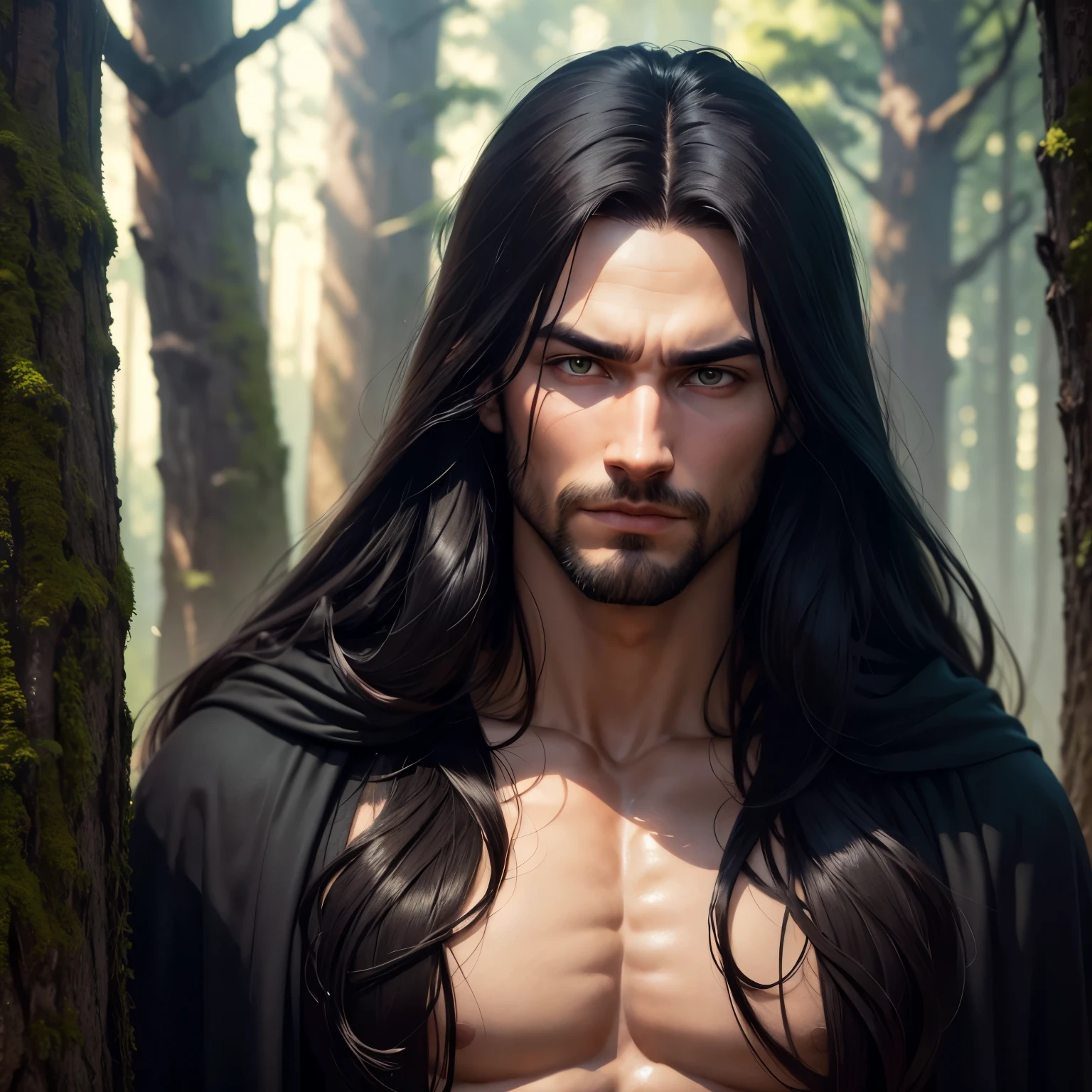 The best quality, super sharp, the wallpaper is a forest, a 30-year-old man named Bo, fierce face, long black hair, sinister eyes, wearing a black robe covering his head, there are black bugs flying around, Smirking