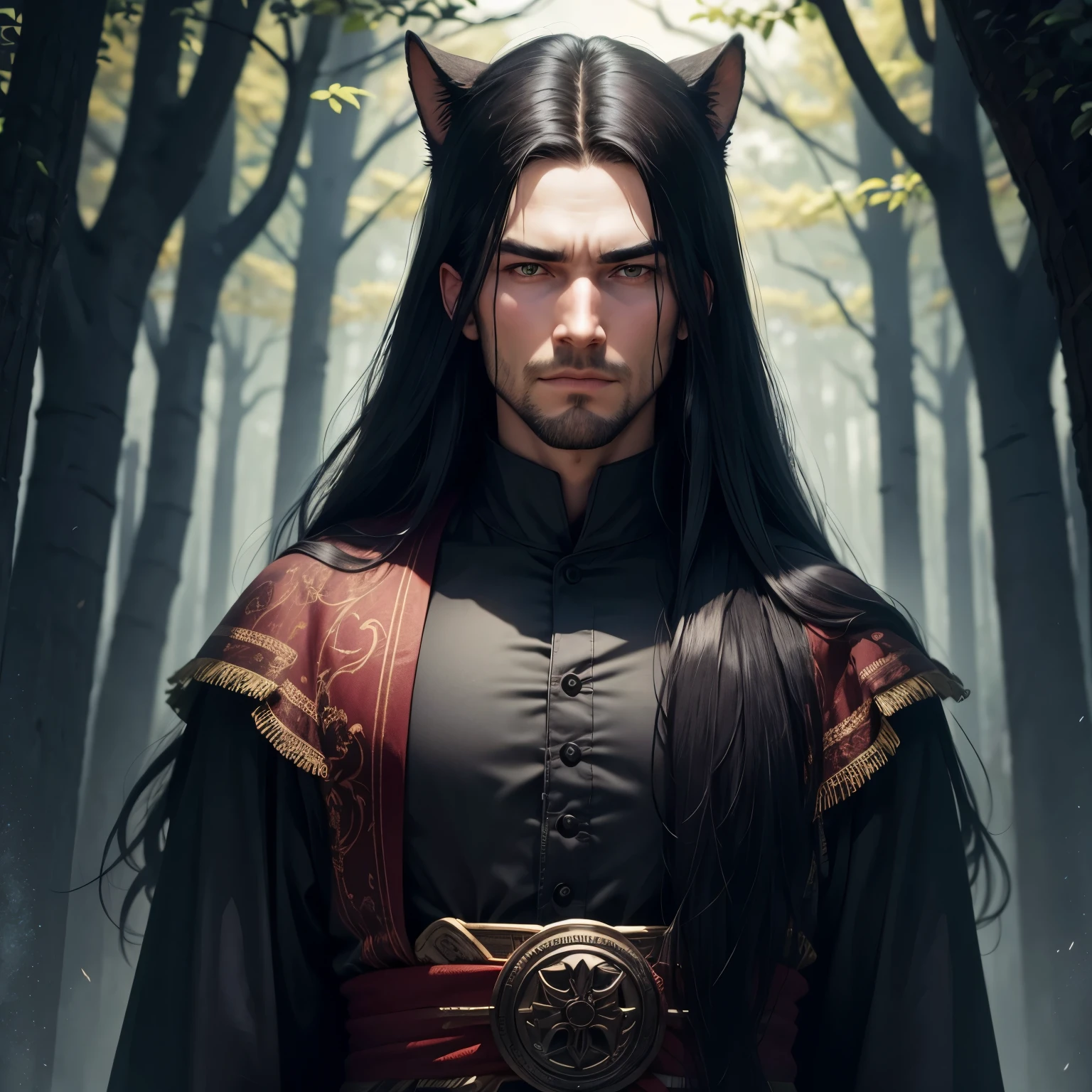 The best quality, super sharp, the wallpaper is a forest, a 30-year-old man named Bo, fierce face, long black hair, sinister eyes, wearing a black robe covering his head, there are black bugs flying around, Smirking