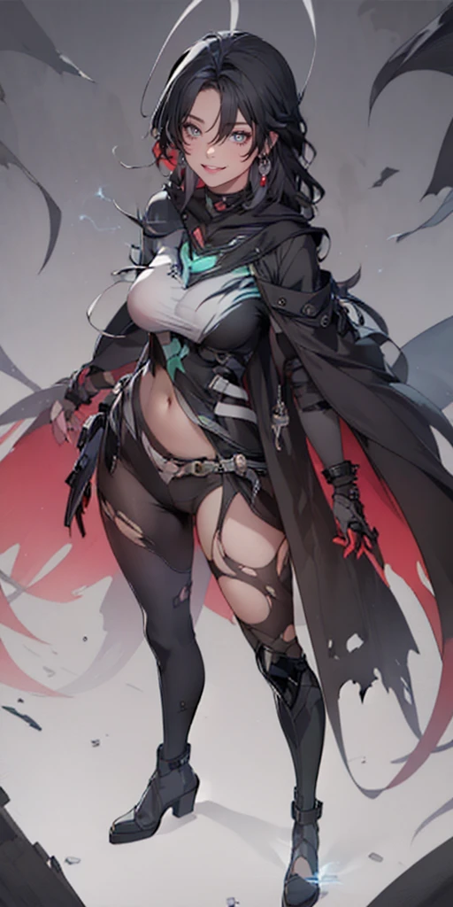 jianxindef, (long hair, gradient hair, black hair:1.3), parted bangs, breasts, epic art, fantasy, anatomically correct, torn_clothes, 1girl, torn_legwear, breasts, leotard, looking_at_viewer, solo, smile, hood, standing, large_breasts, covered_navel, hood_up, full_body, cloak, gloves, black_leotard, bodysuit, boots, black_footwear, pantyhose, closed_mouth, navel, glowing, high_heels, science_fiction, bodystocking, nsfw art, nsfw, hollow eyes, bright pupils, green eyes, looking at viewer. glowing eyes heavy breathing, seductive smile, lips,