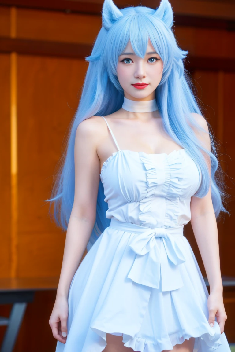 best quality, tmasterpiece,Ultra-high resolution,Clear face,(Reality:1.4),ferpect lighting,(upper body shot:1.5), (photorealistic:1.50), anime wallpaper, Guviz style artwork, cover-up fantasy up to magic , by Yang J, Guviz, beautiful artwork illustration, beautiful digital artwork, beautiful digital illustration, Li Song, beautiful anime portrait, art style in Beauvot,1girl, 独奏, white hair, long hair, animal ears, blue eyes, white clothes, bracelets, bare shoulders, blue ribbons, plaid, gladiator sandals, standing, indoor, Curtain background,