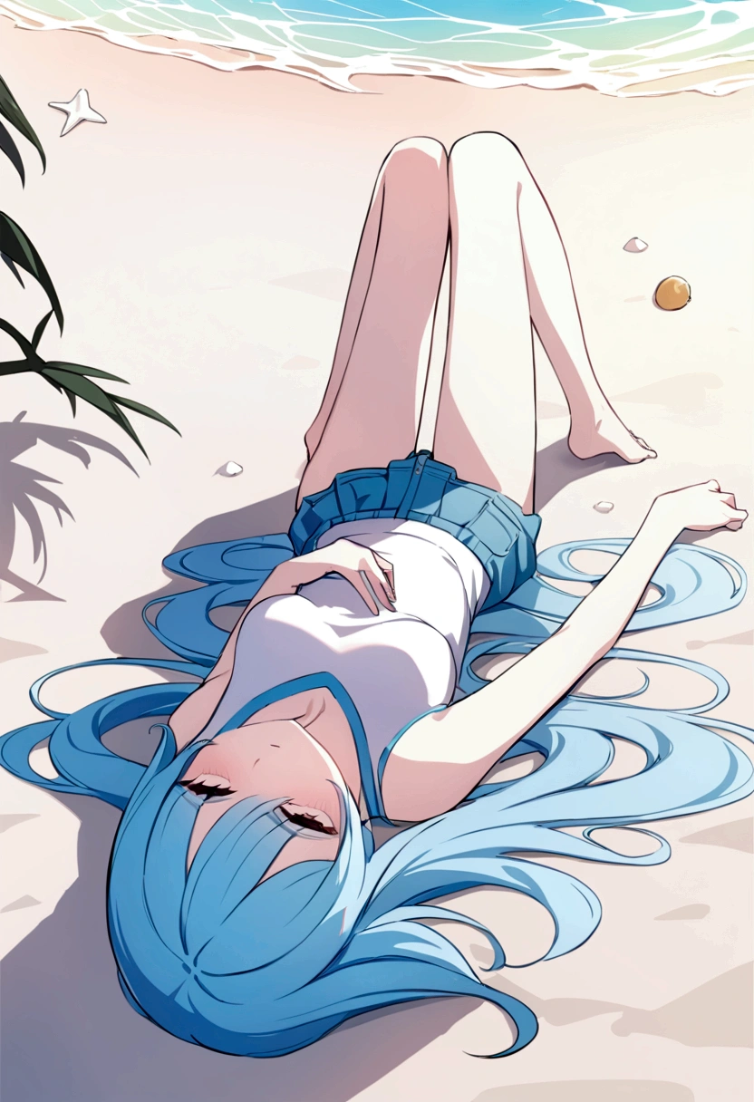 {{upper body, dutch angle}} {{Artist: sincos}} 
1 girl, Esdeath from Akame Ga Kill, sitting, legs crossed, showing off feet, POV, Evil Smirk, bikini, large breasts, beach