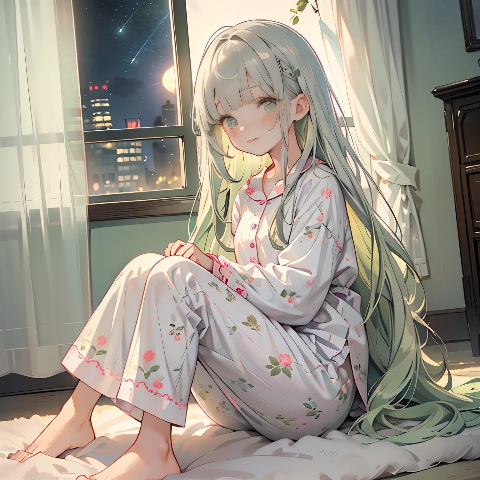 ♥full body,(floral cute pajamas),((1girl,cute,little ,semi long beautiful silver green hair,blunt bangs,beautiful eyes)),beautiful pastel house room,flat sitting on the carpet,curtain,window,night starry sky,
(solo),(looking at the viewer), innocent smile,cinematic lighting and pause,