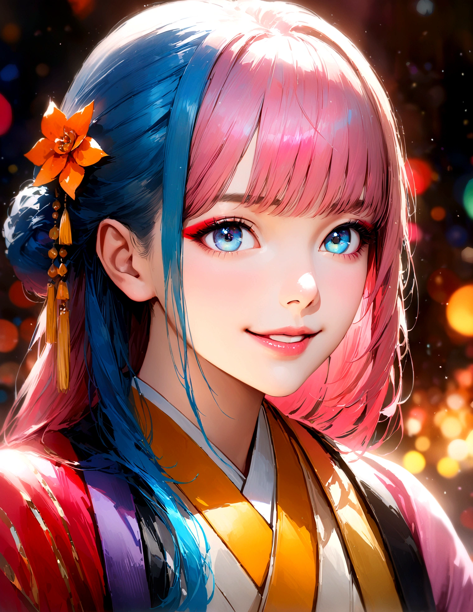 Kyoto, kimono,Maiko makeup,Blur the background,young woman,smile,Glitter effect,Highest quality, 4K, 8K, High resolution, masterpiece:1.2, Very detailed, Realistic:1.37, High resolution, 超High resolution, Ultra-fine painting, Sharp focus, Physically Based Rendering, Very detailedな説明, Professional, Vibrant colors
