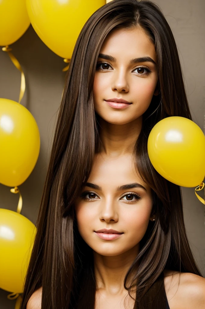 A woman with long straight brown hair, in the middle of many yellow balloons 