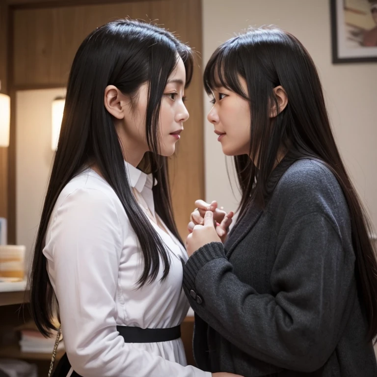 45-year-old married woman、Confessing to a small-breasted and unattractive female college student、Long Black Hair、Puzzled、Love confession scene、from the front、Not cute、Choibusu、A Cup